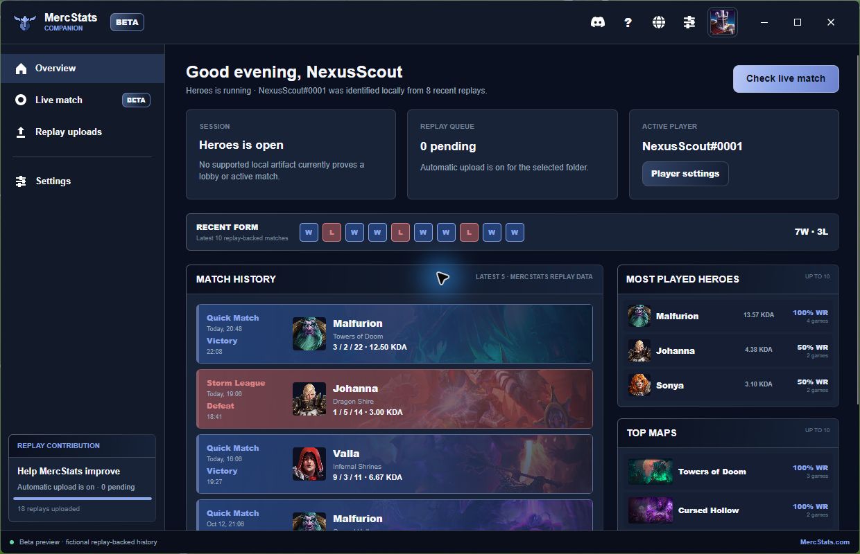 MercStats Companion beta overview with recent form, match history, heroes, and maps