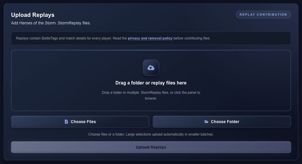 MercStats replay upload page with drag-and-drop, Choose Files, Choose Folder, and Upload Replays controls